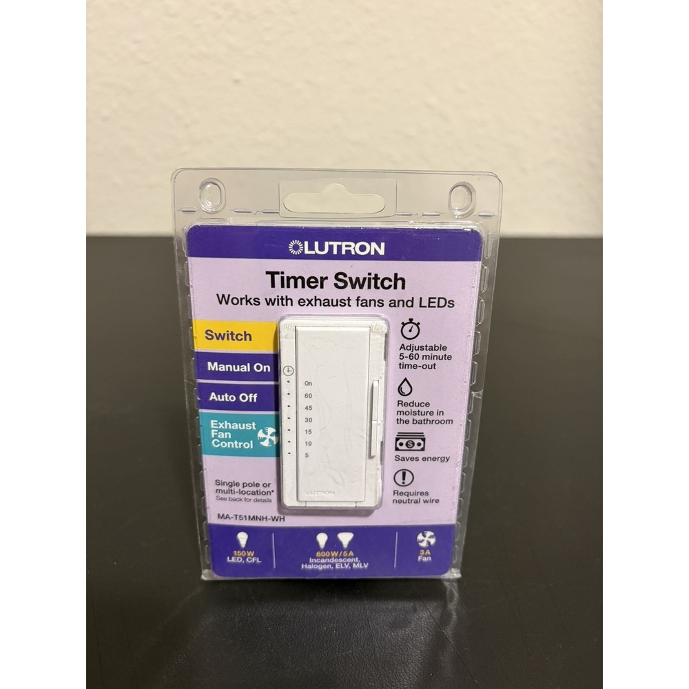 LUTRON Timer Switch - Model MA-T51MNH-WH - Works with exhaust fans and LEDs